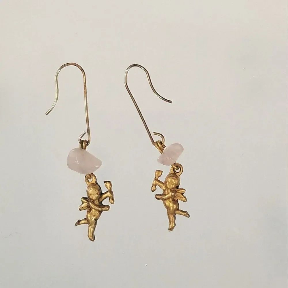 Vintage Cupid  With Arrow Earrings Tiny Dangling Cherub With Pink Stone